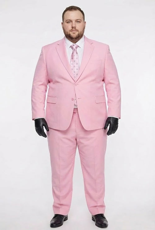 Men's pink two-piece suit with a classic fit. Features a tailored jacket with notch lapels, front pockets, and button closure, paired with matching full-length tailored pants. Smooth, uniform pink fabric.
