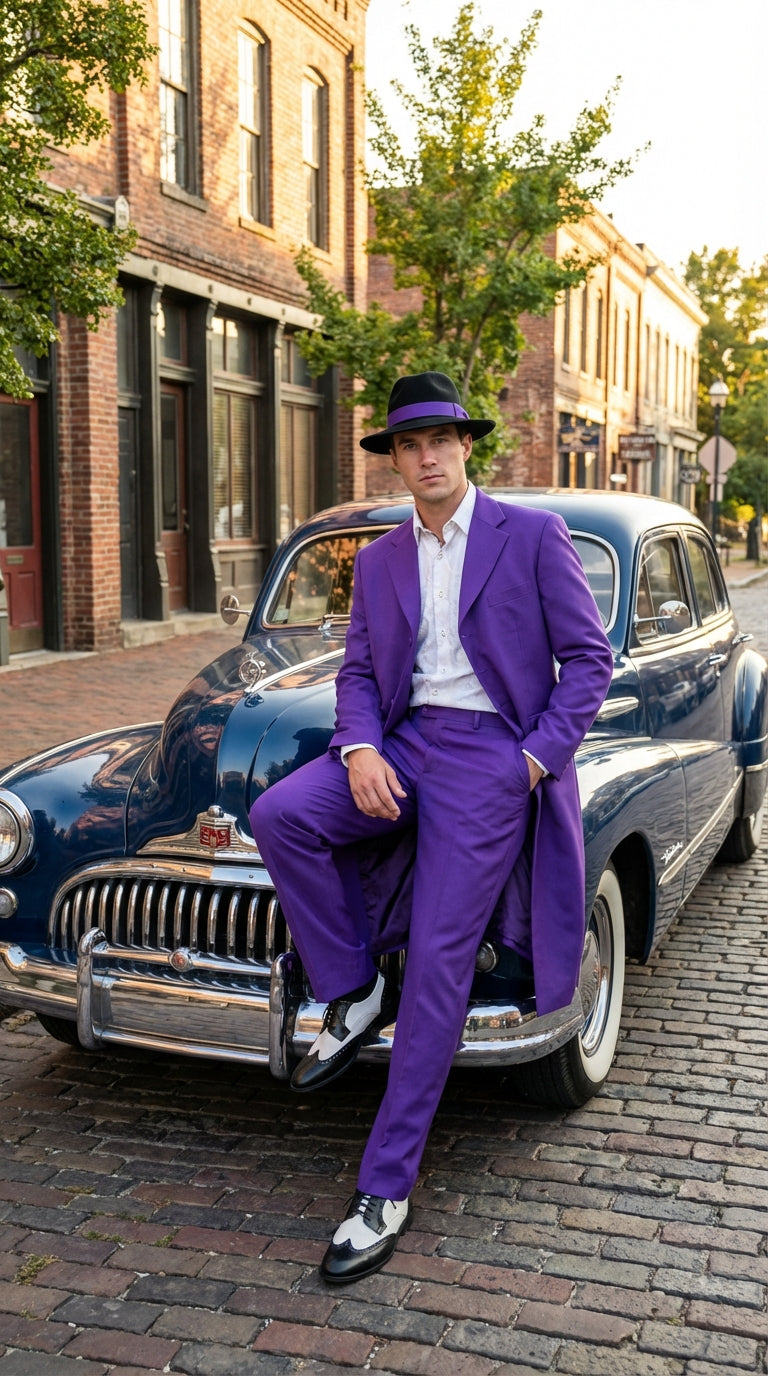 Purple Zoot Suits for Men | Classic Mafia & Gangster Style Long Coat Suit | Vintage 1920s–1940s Formal Outfit
