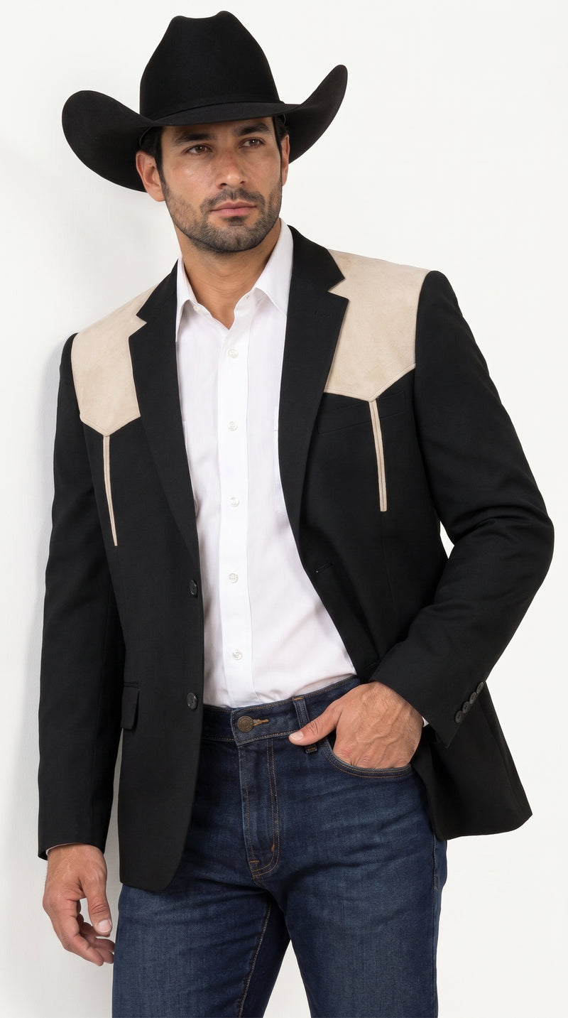 Men’s Black & Bone Tan Western Blazer – Cowboy Sport Coat with Suede Yoke for Rodeo, Ranch & Country Wear