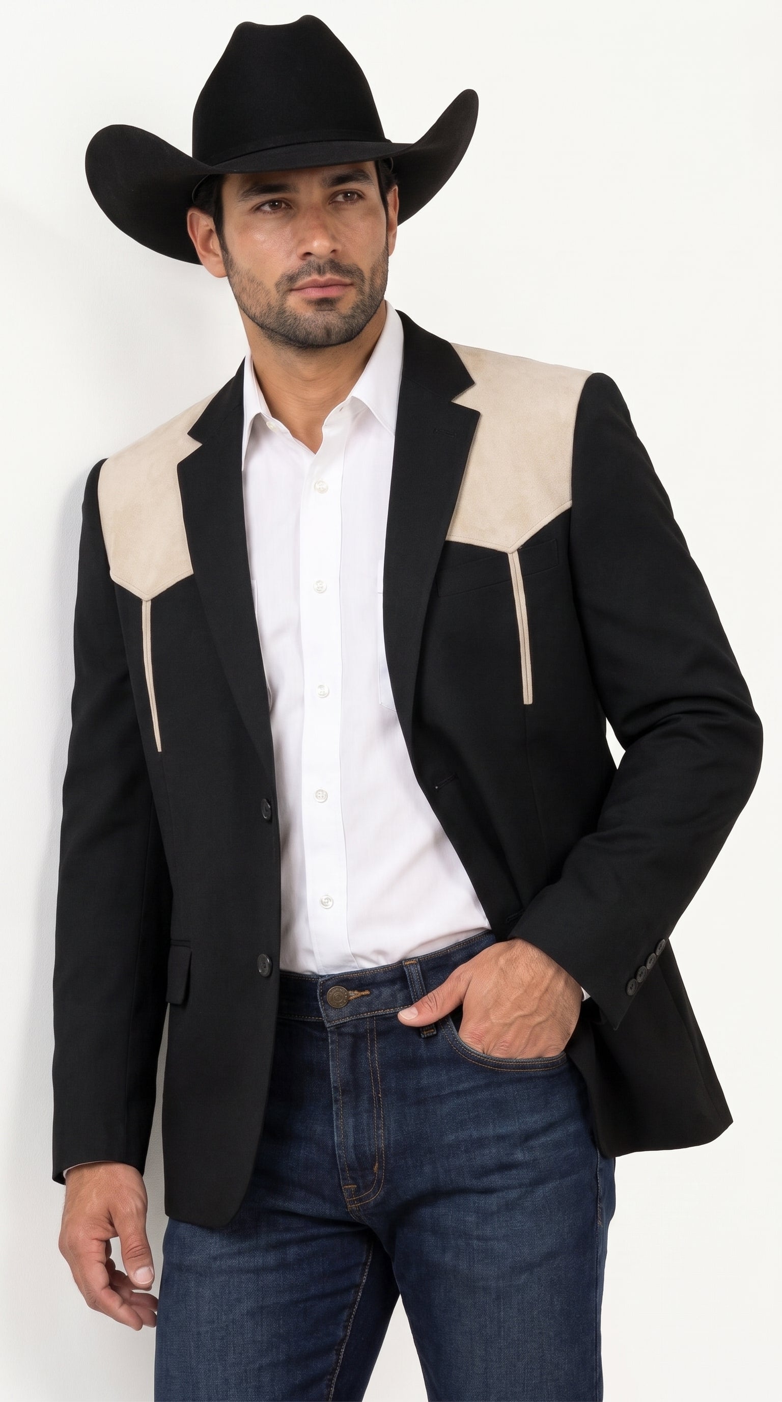 Men’s Black & Bone Tan Western Blazer – Cowboy Sport Coat with Suede Yoke for Rodeo, Ranch & Country Wear