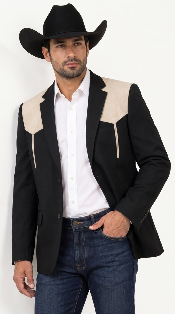 Men’s Black & Bone Tan Western Blazer – Cowboy Sport Coat with Suede Yoke for Rodeo, Ranch & Country Wear