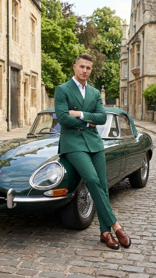 A men’s emerald green double-breasted suit features a fitted jacket with broad lapels, two rows of buttons, and tailored trousers. The fabric appears smooth with a slight sheen.
