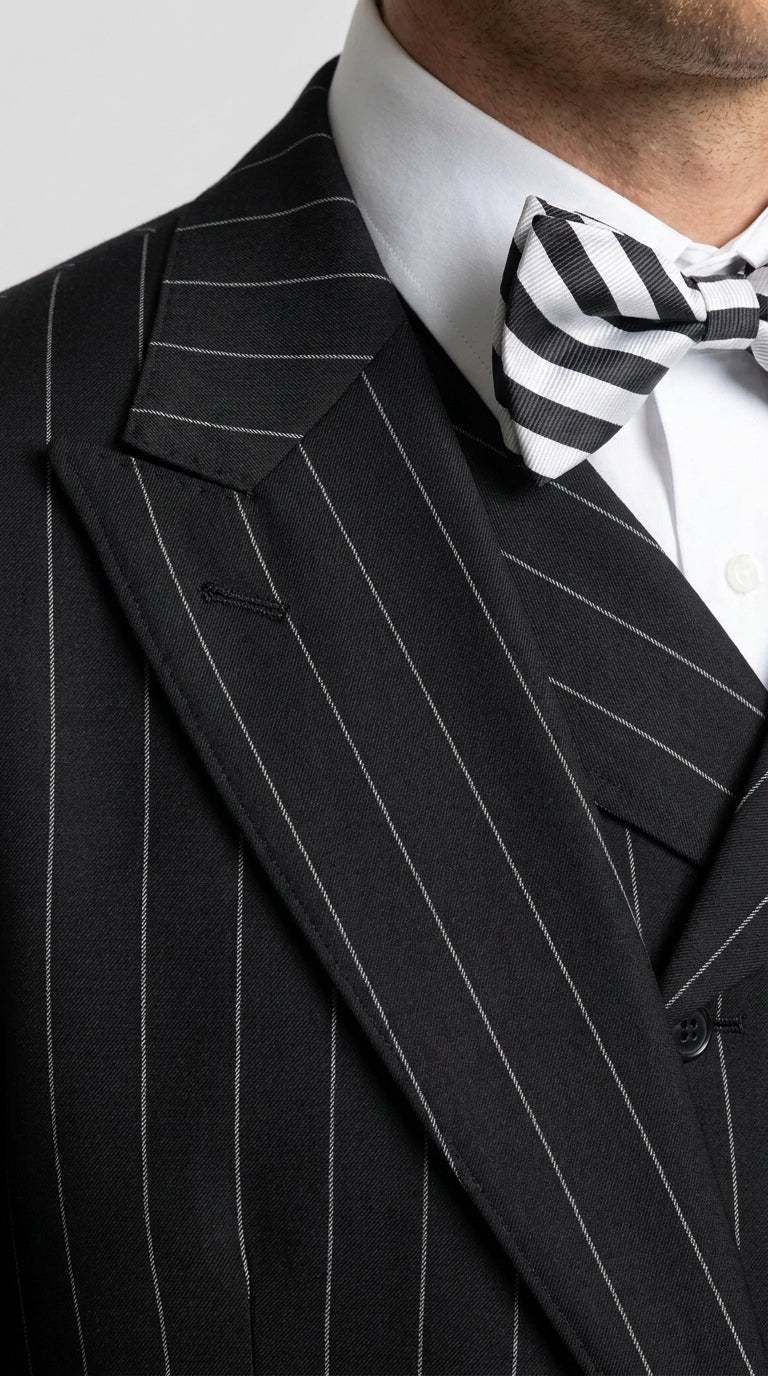 Men’s Black Pinstripe 3-Piece Suit Wool Suit  – Classic Fit Single Button Suit with Wide Leg Pleated Pants By Tiglio Russo