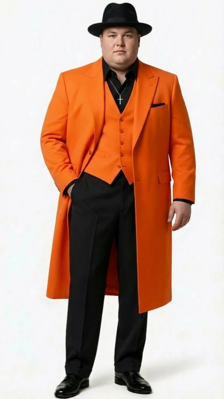 Orange zoot suit set: long coat, vest, black shirt. Includes black pants, shiny shoes, and a black hat.
