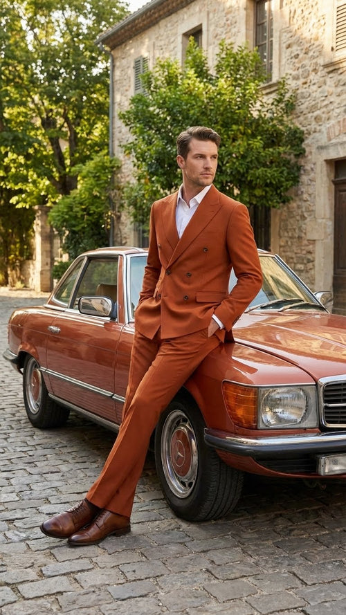 Burnt orange double-breasted suit by Vitali brand, featuring a sharp lapel, two rows of buttons, and tailored pants. The suit is composed of a smooth fabric that appears structured.