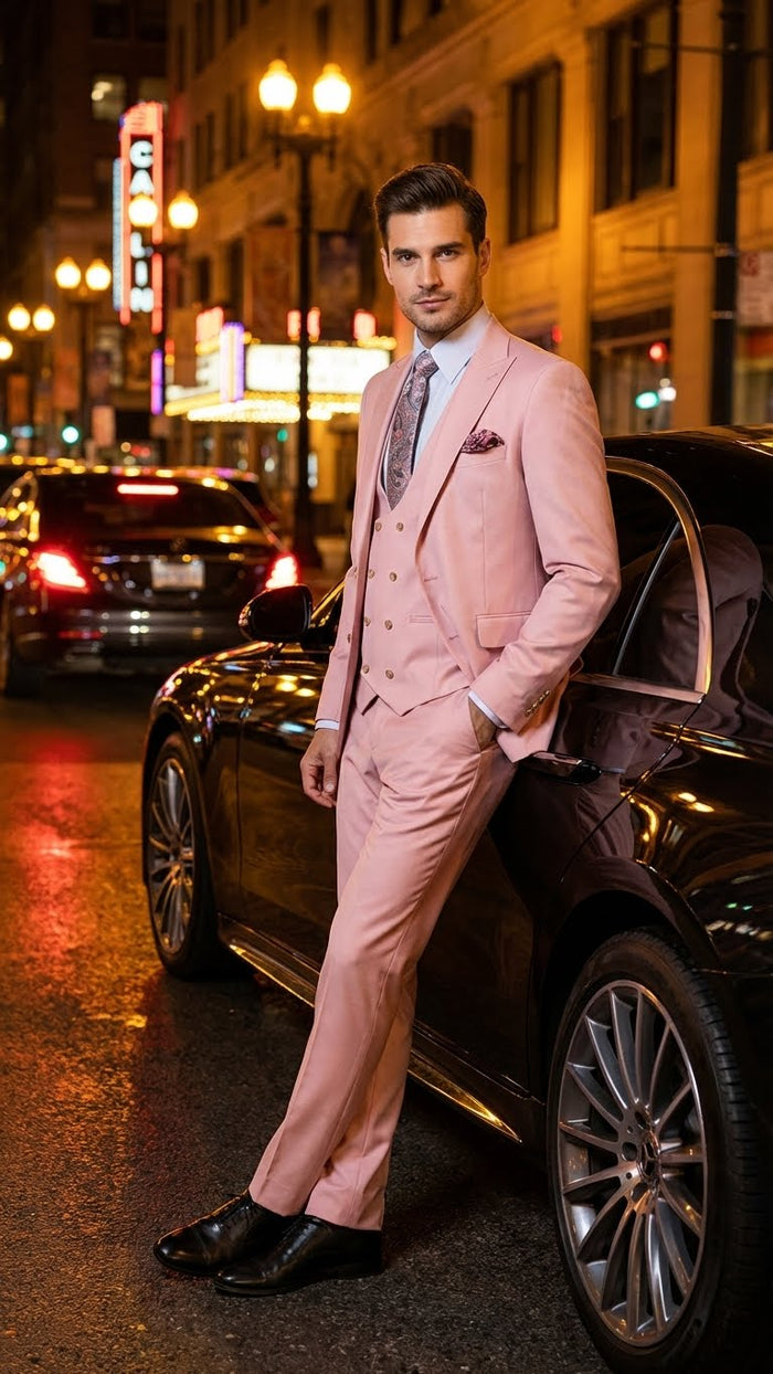Men's blush pink three-piece suit. Fitted jacket with notch lapels, vest with gold buttons, and tailored trousers. Smooth, subtly shiny fabric. Includes patterned tie and pocket square.

