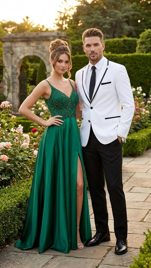 Men's white blazer with black trim. Classic lapel, single-button closure, and left-side pocket. Black trim accents the lapels and pocket. Smooth fabric.
