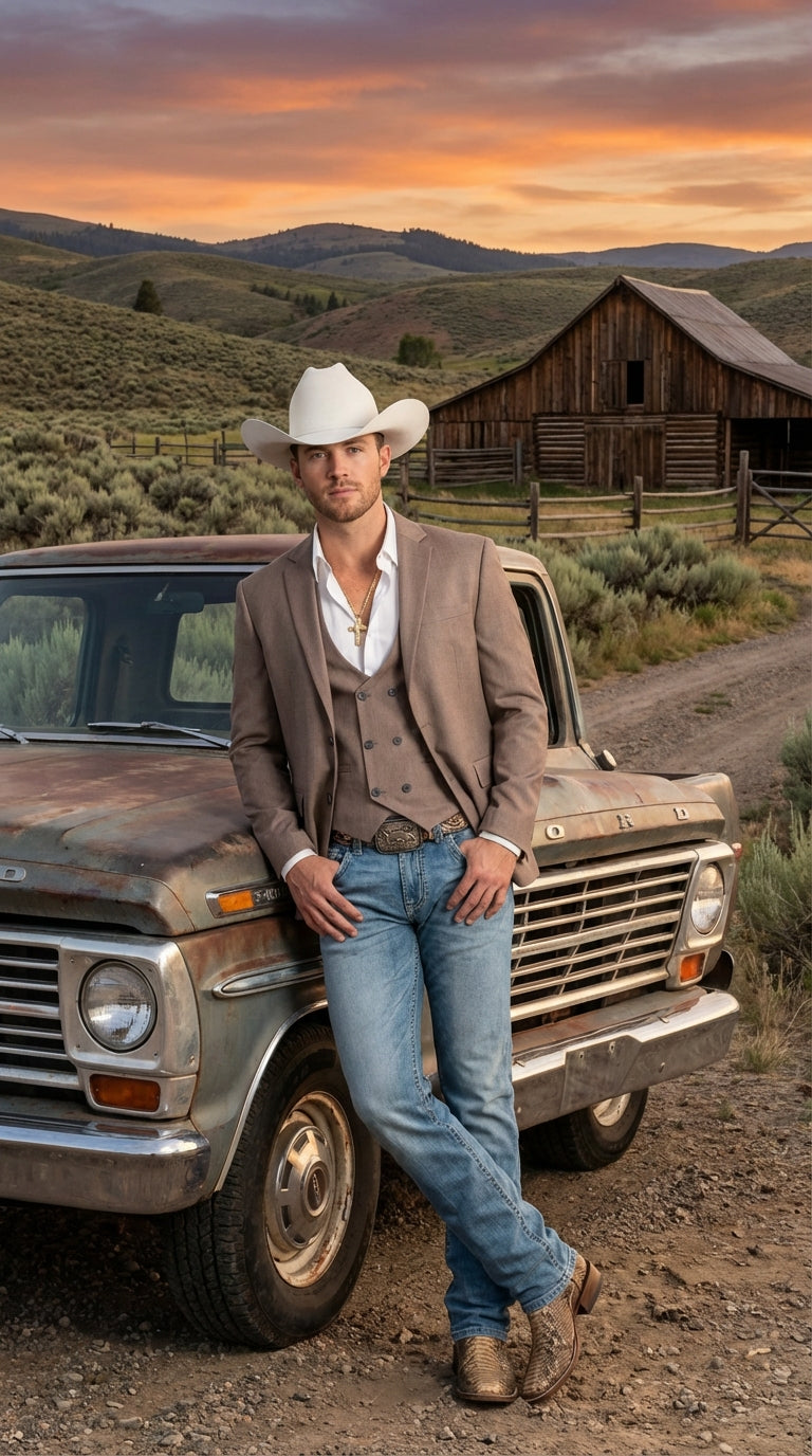 Men’s Beige Cowboy Blazer with Double breasted Vest – Western Two Piece Suit Pants included