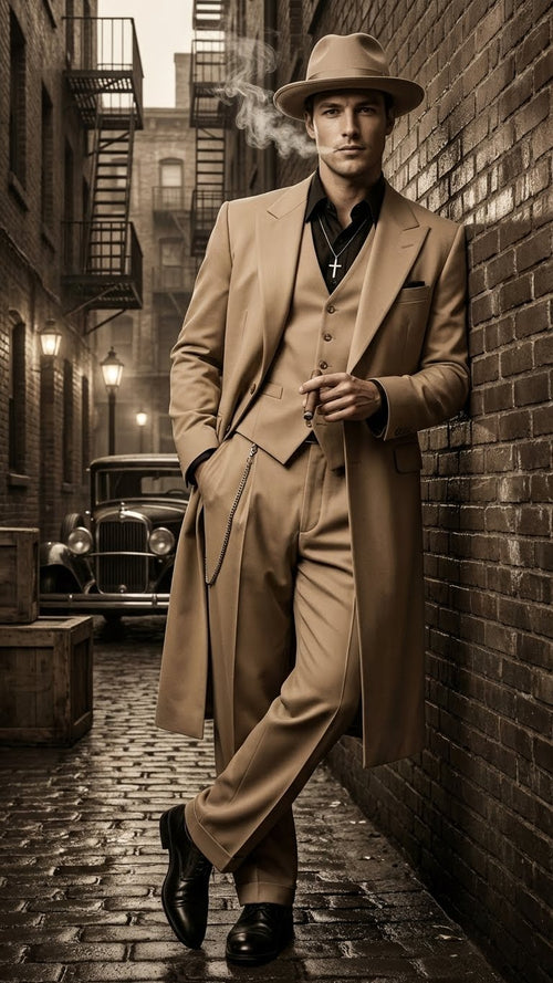 Alberto Nardoni men's 1920s beige zoot suit. Tailored coat, high-waisted trousers, fitted vest. Lightweight fabric, wide lapels, chain detail. Classic silhouette. Uniform beige color.