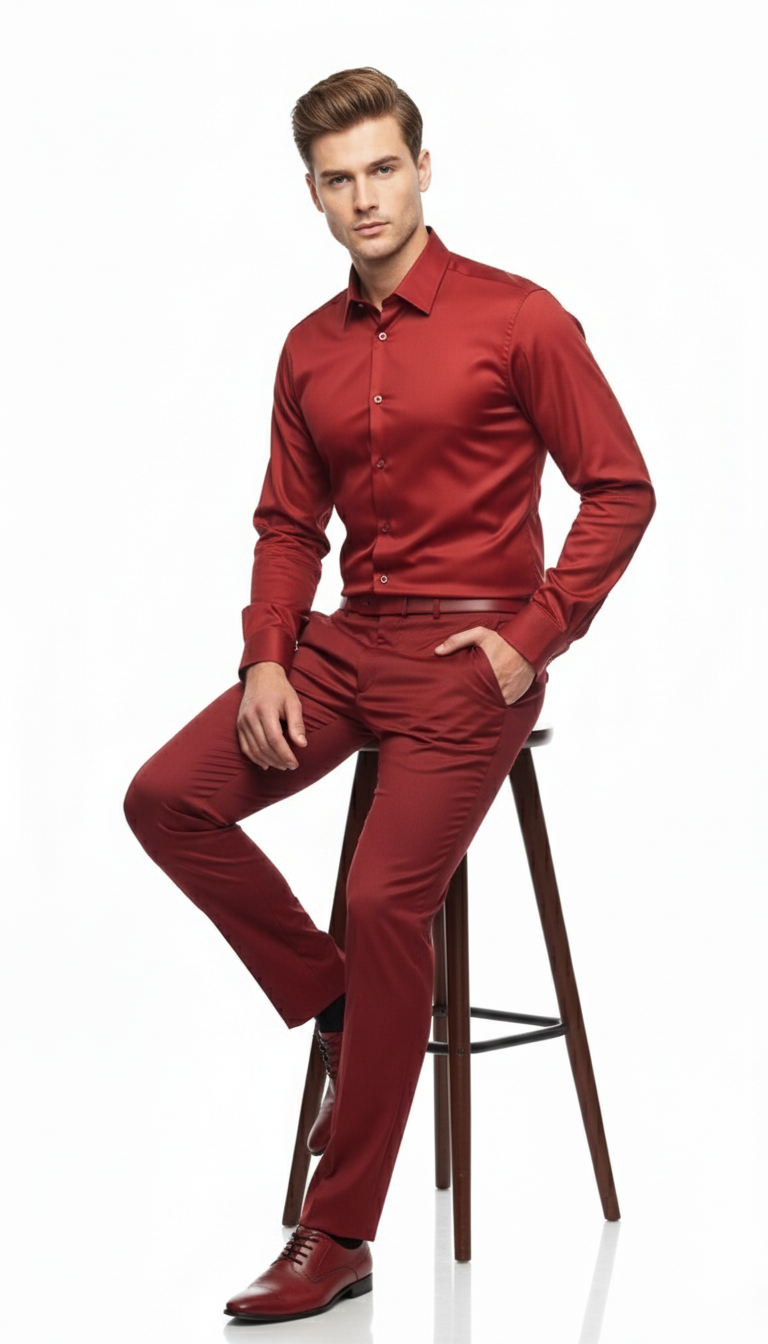 Men's red satin dress shirt. Long sleeve, button-up front, and tailored fit. Made from smooth, shiny satin. Solid red color for a polished, elegant look.
