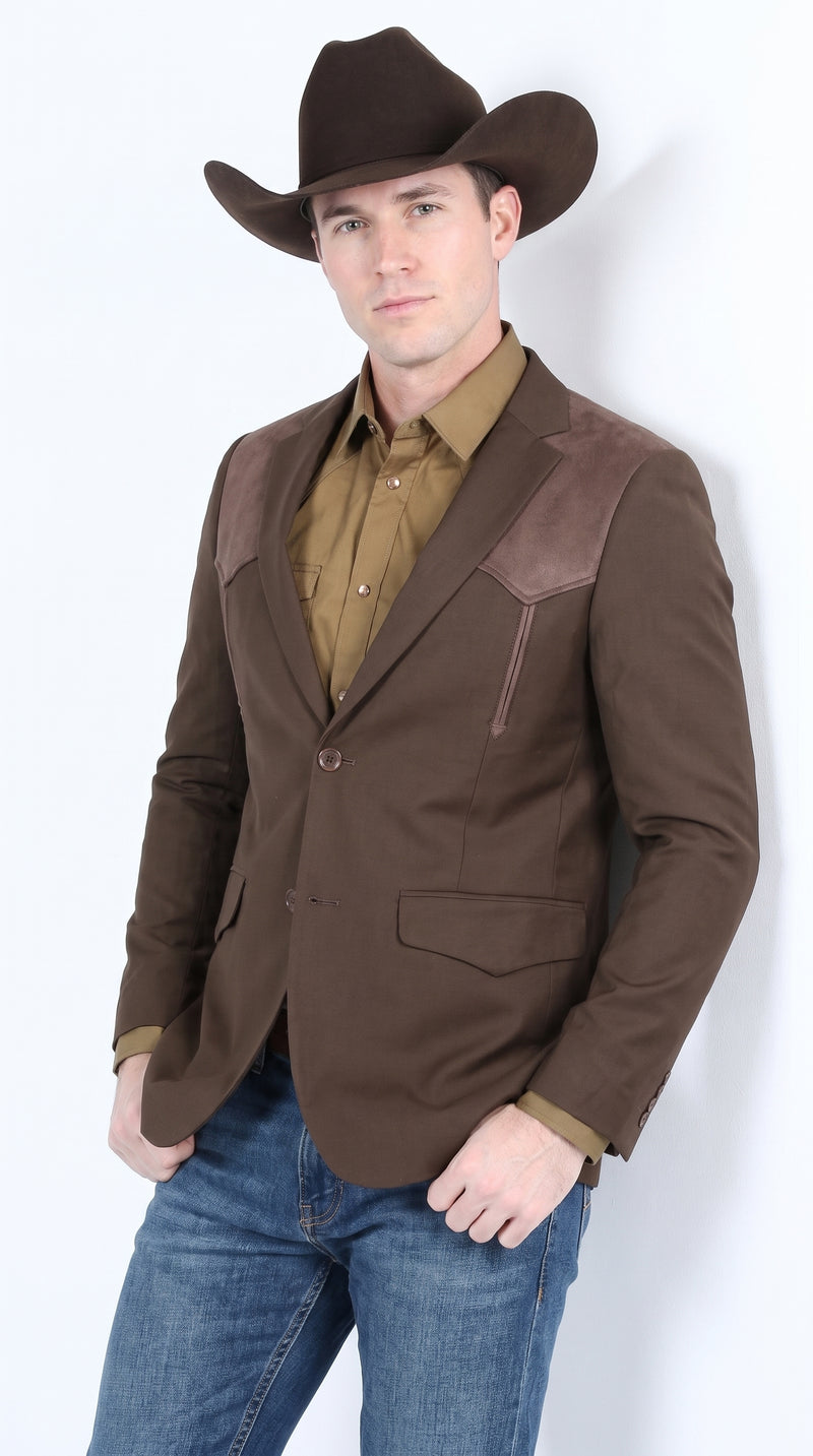 Men’s Dark Brown Western Blazer with Suede Yoke – Cowboy Sport Coat with Western Shoulder Details
