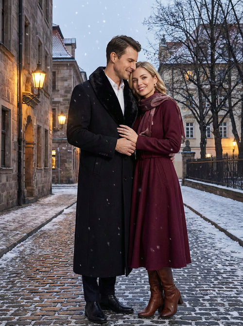 Menâ€™s Black Long Overcoat with Faux Fur Collar, Full Length Winter Topcoat for Formal and Business Wear