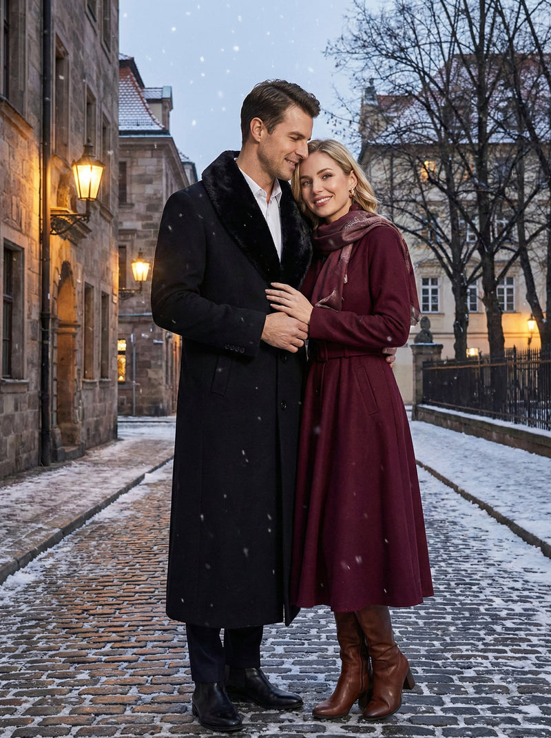 Mens Black Long Overcoat with Faux Fur Collar, Full Length Winter Topcoat for Formal and Business Wear