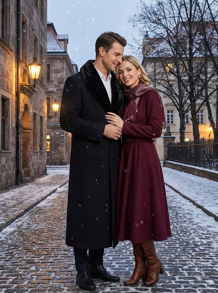 Mens Black Long Overcoat with Faux Fur Collar, Full Length Winter Topcoat for Formal and Business Wear
