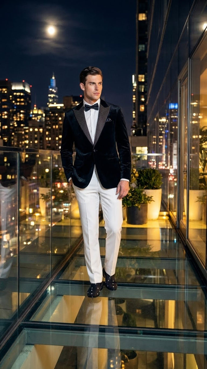 Black velvet tuxedo blazer. Fitted, single-breasted design with studded lapel. Primarily black with a slightly glossy finish for a formal look.
