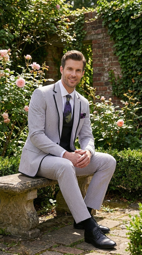 Mens Black and White Pinstripe Wedding Tuxedo Suit – Three Piece Formal Suit Set with Contrast Trim for Groom, Prom - Seersucker Summer Suit