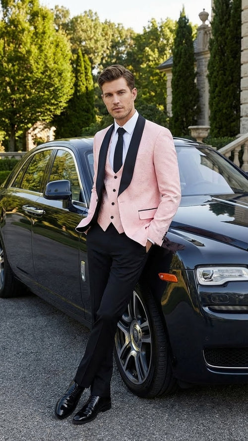 Men's blush pink tuxedo suit with black shawl lapel. Includes fitted jacket (two-button, stylized vest) & flat-front trousers. Paired with glossy black dress shoes.
