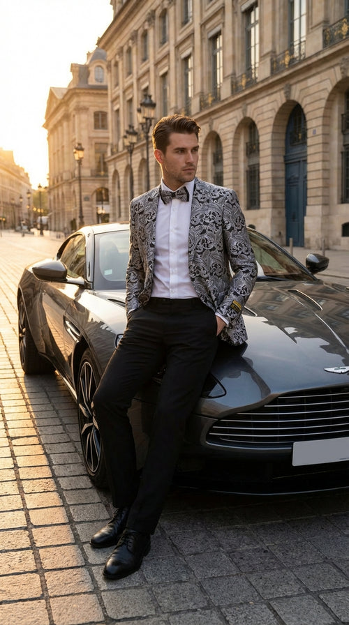 Men’s Silver and Black Paisley Prom Blazer Jacket | Printed Formal Evening Tuxedo Blazer + Free Matching Bow Tie