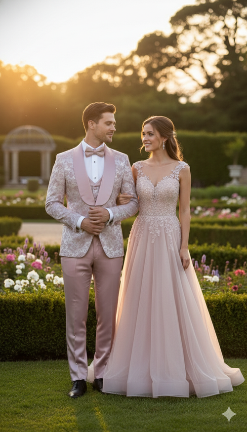 Men's dusty rose floral tuxedo: fitted, shawl collar, patterned fabric. Includes matching trousers, pink lapel, white dress shirt, and light pink bow tie. Soft, elegant look.
