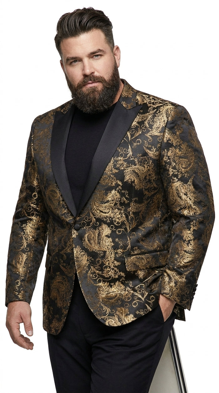 Men’s Black & Gold Paisley Tuxedo Jacket – Luxury Floral Formal Dinner Blazer Black Pants