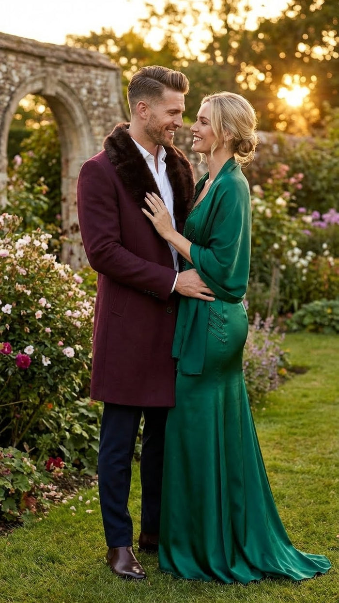 Burgundy men's coat with A-line silhouette, faux fur collar, and front buttons. Tailored fit in textured fabric.
