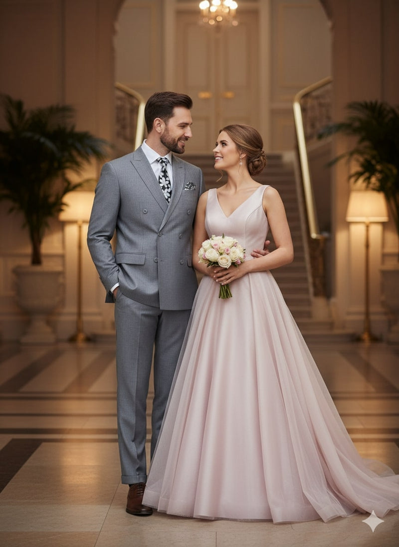 Men's grey tone-on-tone double-breasted suit. Slim fit, subtle shadow stripe. Includes matching trousers. Classic design for a sophisticated look.

