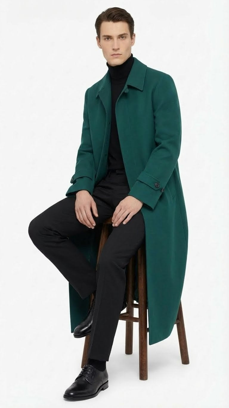 Alberto Nardoni men's green overcoat. Full-length, straight cut with notch collar and button cuffs. Solid, thick fabric in vibrant green. Reaches the knees.
