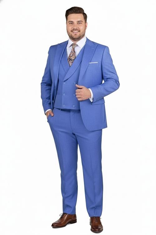 Light blue men's 3-piece suit: double-breasted jacket, button vest, slim trousers. Smooth fabric with pockets. Includes brown dress shoes.