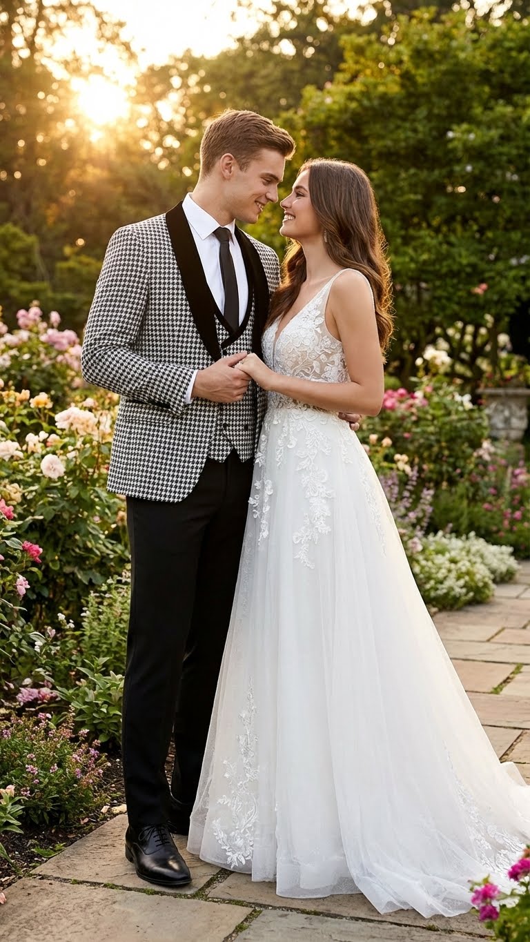 Men's houndstooth tuxedo: fitted, black and white jacket with velvet shawl lapel. Solid black tailored trousers. Includes a contrasting black bow tie.
