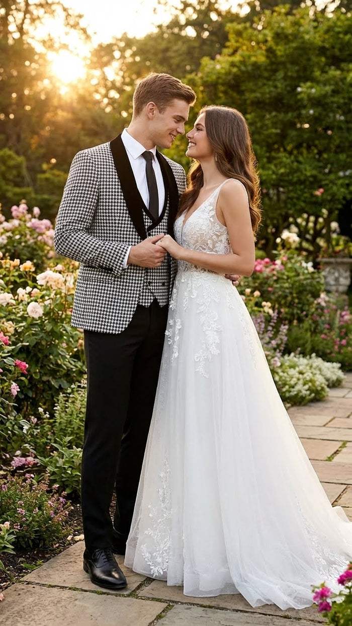 Men's houndstooth tuxedo: fitted, black and white jacket with velvet shawl lapel. Solid black tailored trousers. Includes a contrasting black bow tie.
