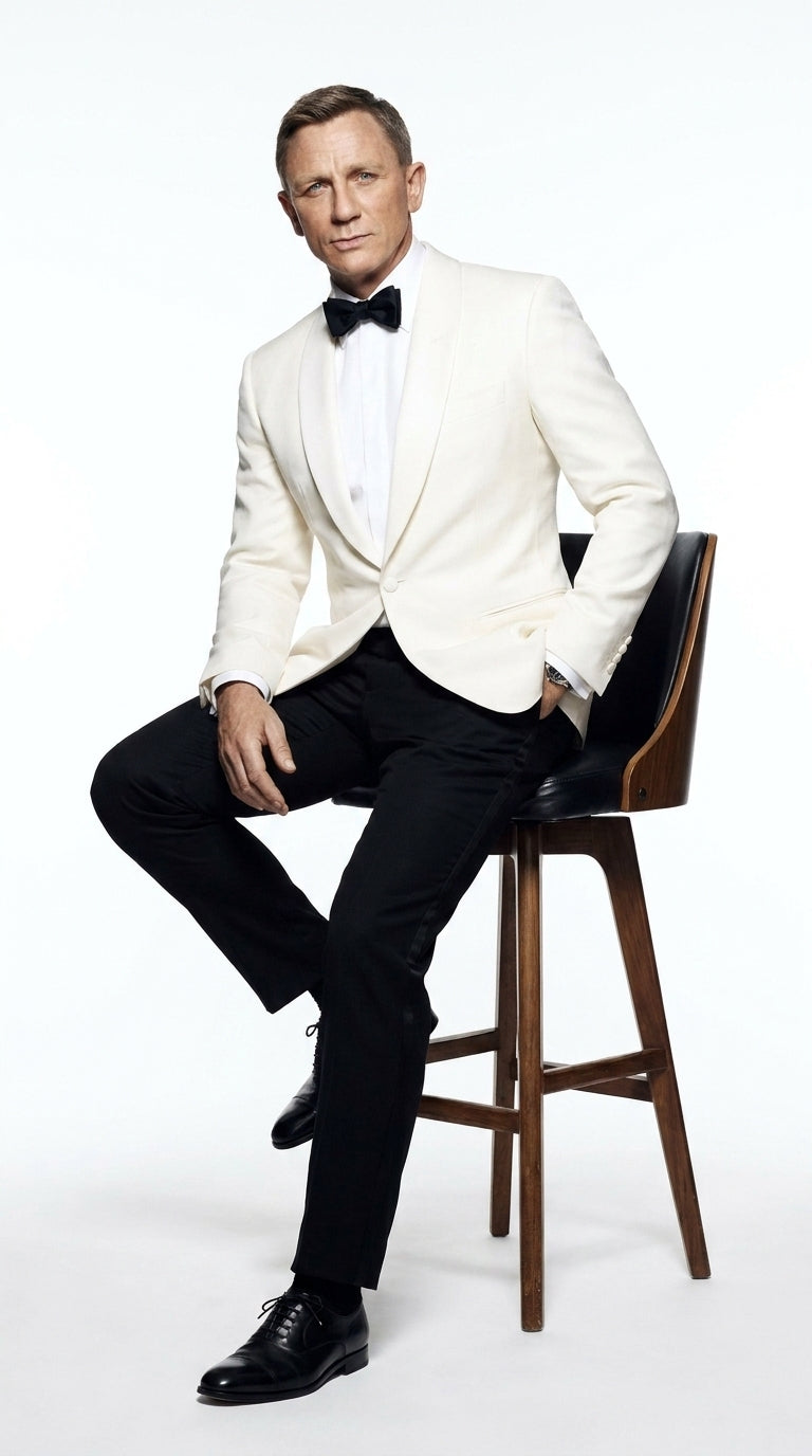 Men’s James Bond Style Ivory Dinner Jacket, White Tuxedo Blazer for Wedding, Prom and Black Tie Events