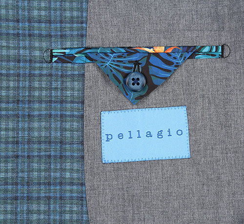 Green-blue check slim fit blazer by Pellagio. Half canvas construction. Features a floral print detail and contrast fabric. Light blue label.
