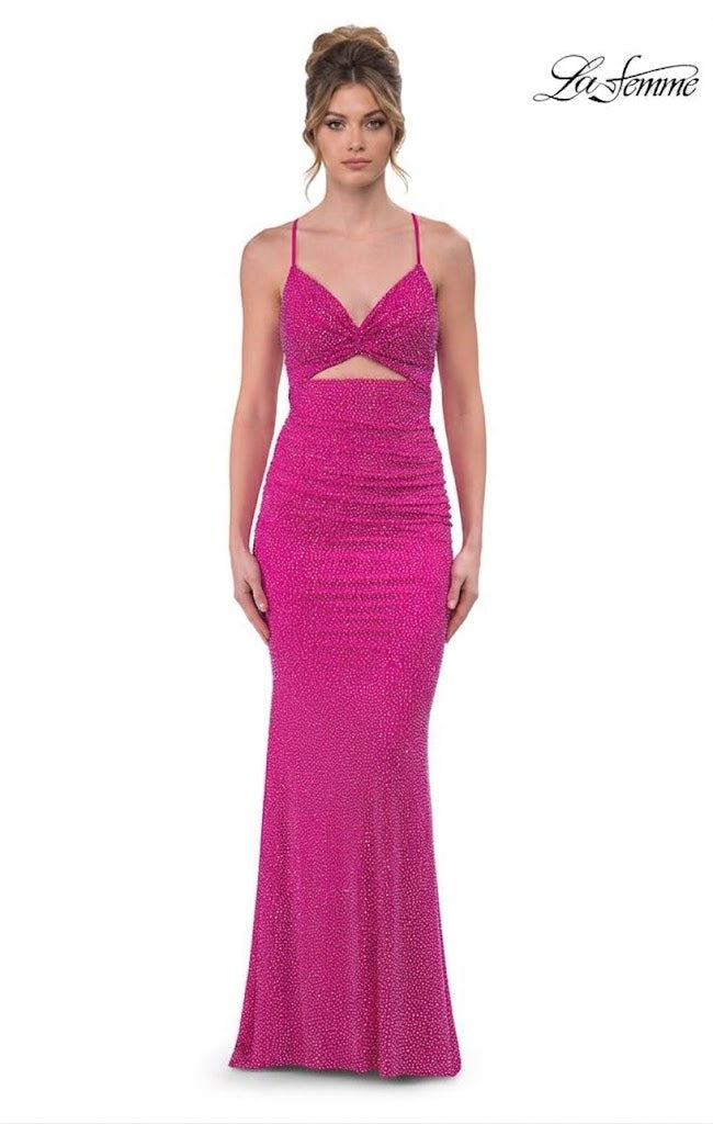 La Femme 33338 V-Neck Embellished Cutout Sheath Dress