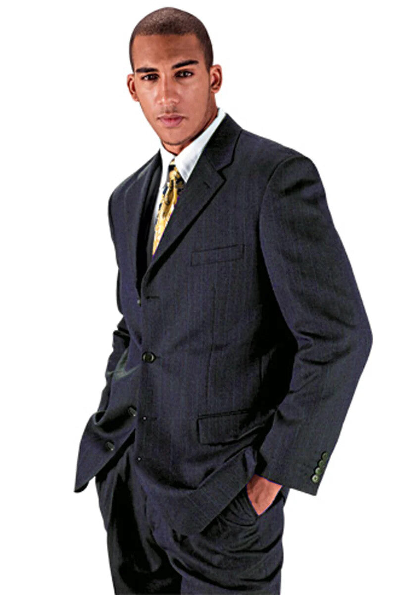 Premium men's navy pinstripe wool suit by Alberto Nardoni features a tailored silhouette with a structured blazer and matching trousers. The suit is predominantly navy, accented by vertical pinstripes. It includes a notched lapel, single button closure, and two front pockets on the jacket.