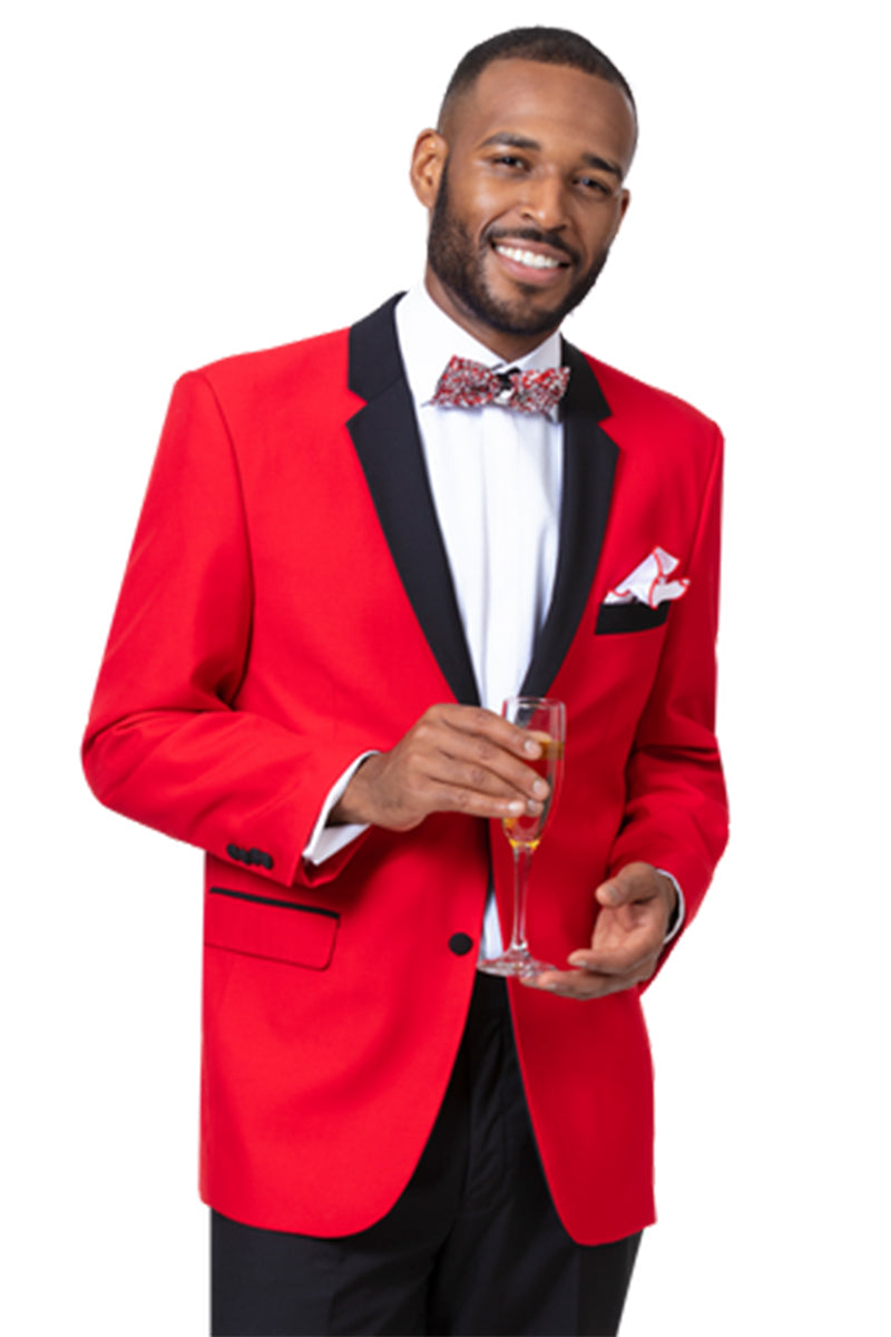Mens Two Button Modern Fit Tuxedo in Red with Black Lapel - Dinner Jacket Blazer Sport Coat