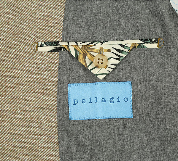 Khaki Pellagio blazer: slim fit, half canvas construction. Features grey/khaki materials, flap pocket with triangular detail, and a blue label accent.
