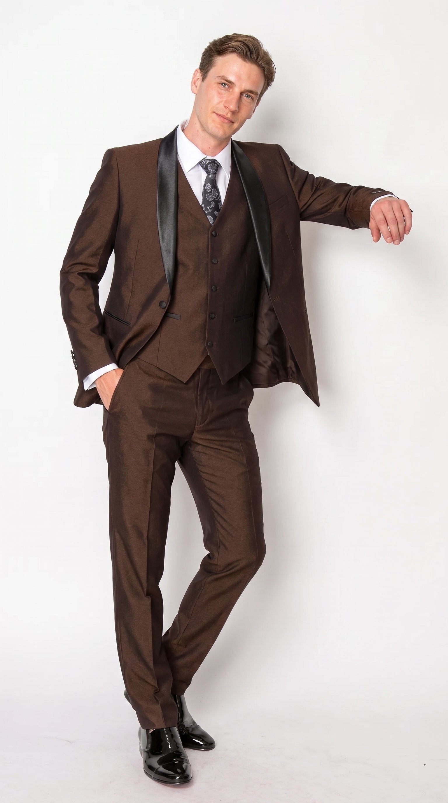 Men’s Chocolate Brown 3-Piece Tuxedo Suit with Black Satin Shawl Lapel – Shawl Collar Vested