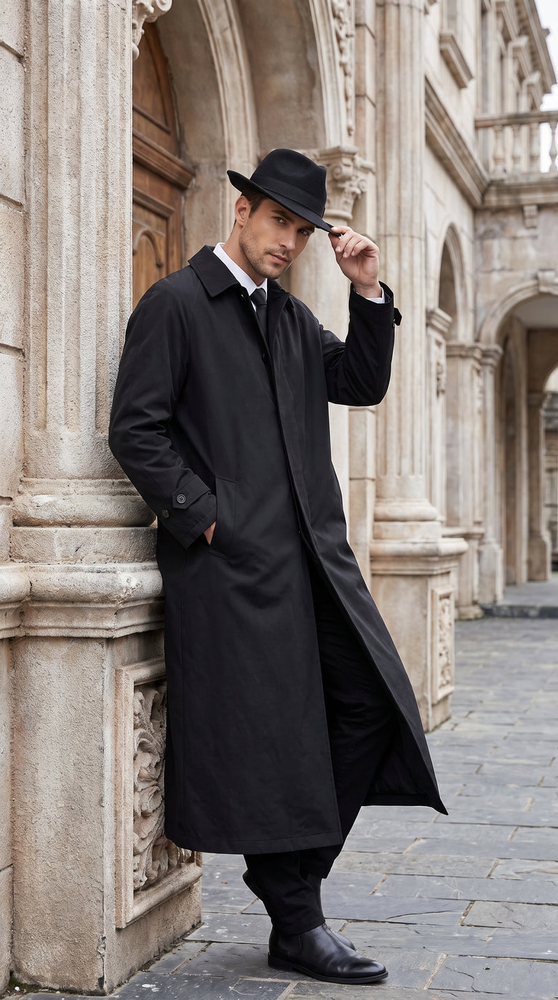 Men’s Neo Matrix Inspired Black Trench Coat – Long Full-Length Gothic Movie Style Overcoat