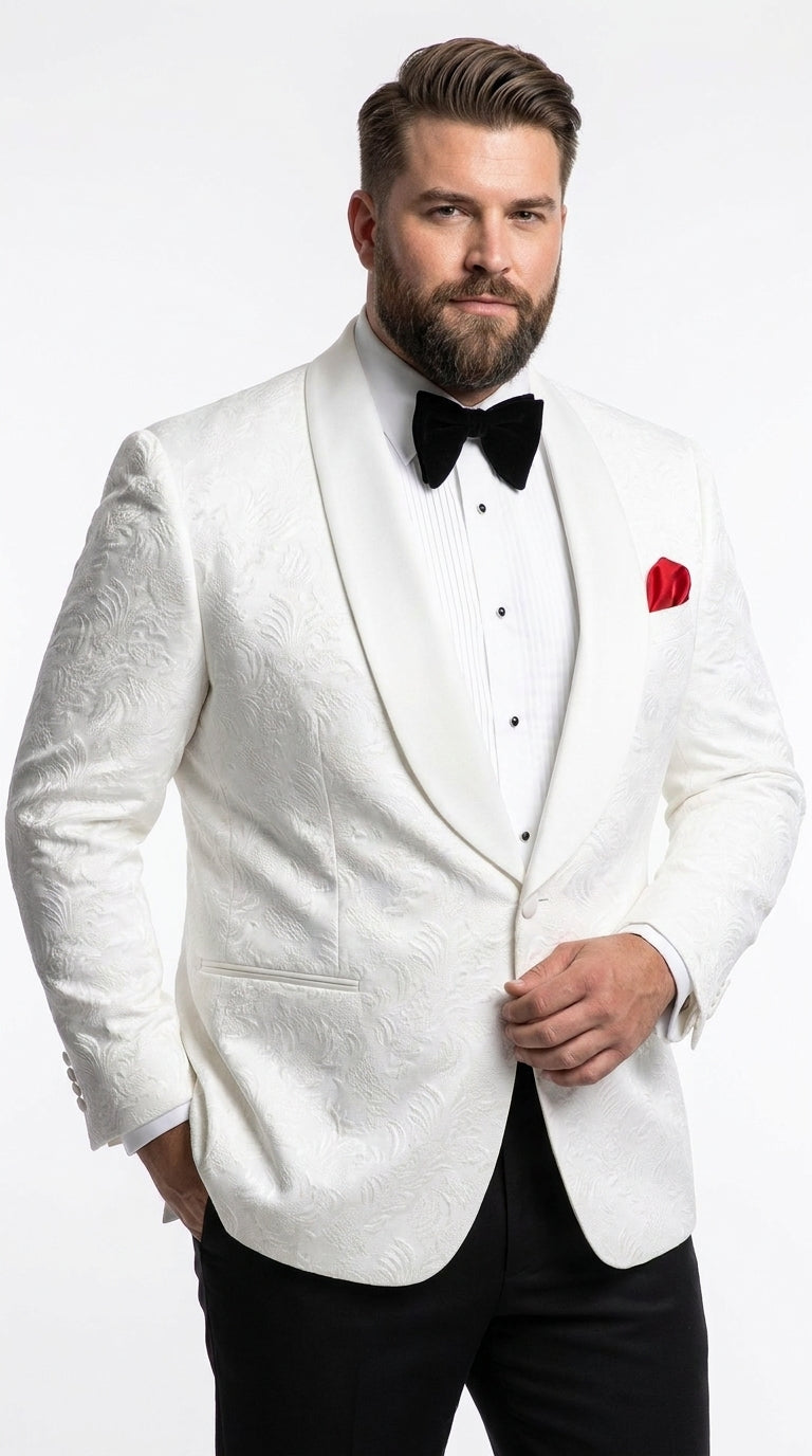 Men’s White Floral Tuxedo Jacket – Shawl Lapel Wedding & Prom Dinner Jacket