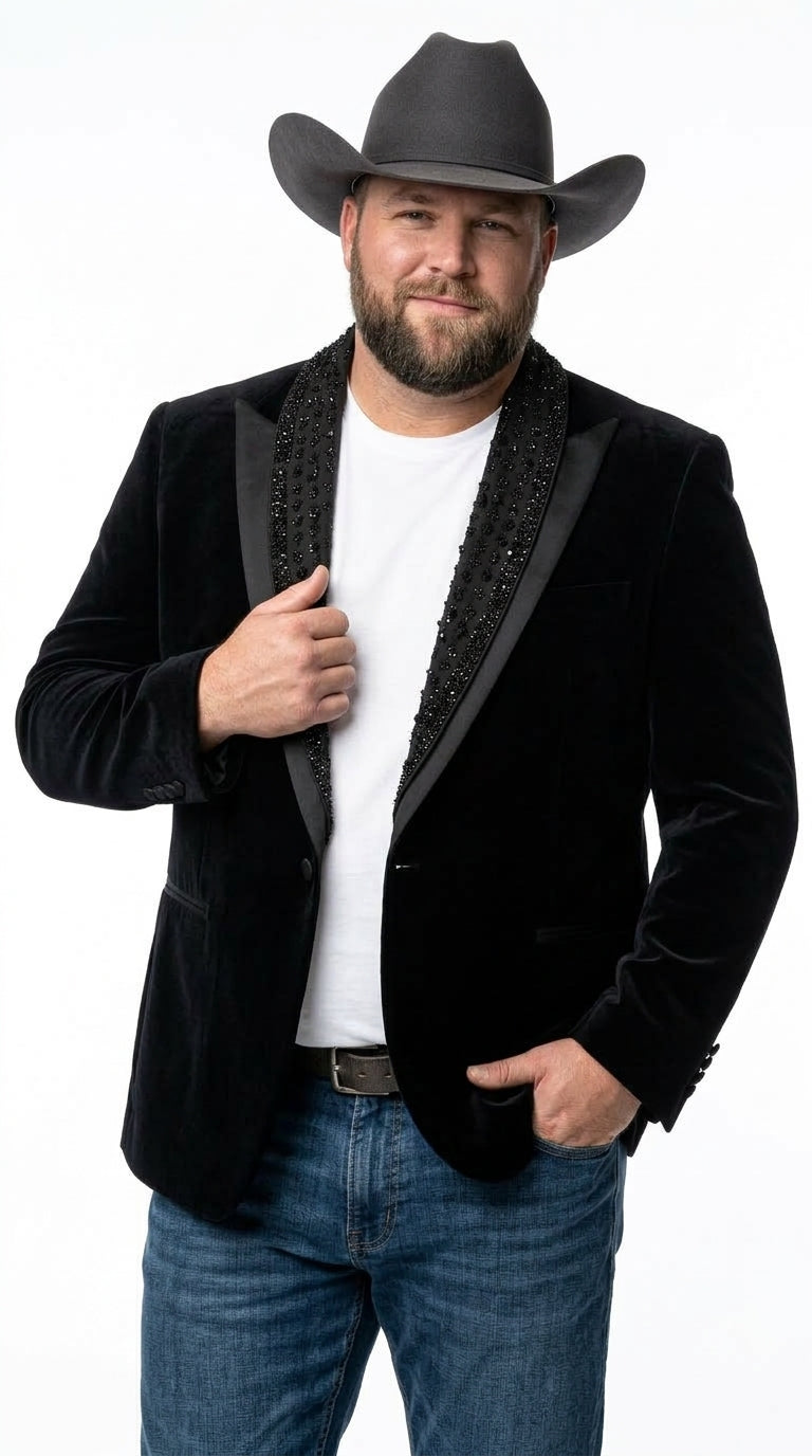 Men’s Black Velvet Western Blazer – Rhinestone Formal Cowboy Sport Jacket Removable Rhinestone Glitter Lapel