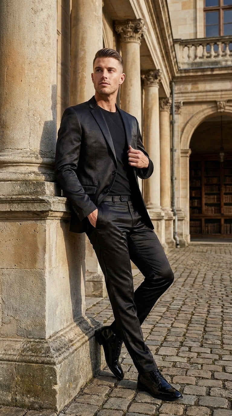 Men’s Black Shiny Sharkskin 2 Piece Suit, Formal Wedding Prom Party Dress Suit