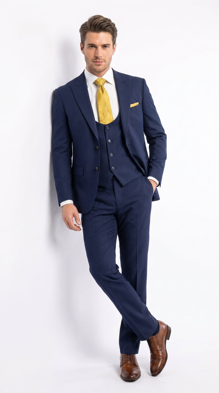 Mens Vitali 3 Piece Suit W/Scoop Vest Navy Blue 3-Piece Suit – Big Peak Lapel  Vest and Pants  Modern Fit Two Buttons