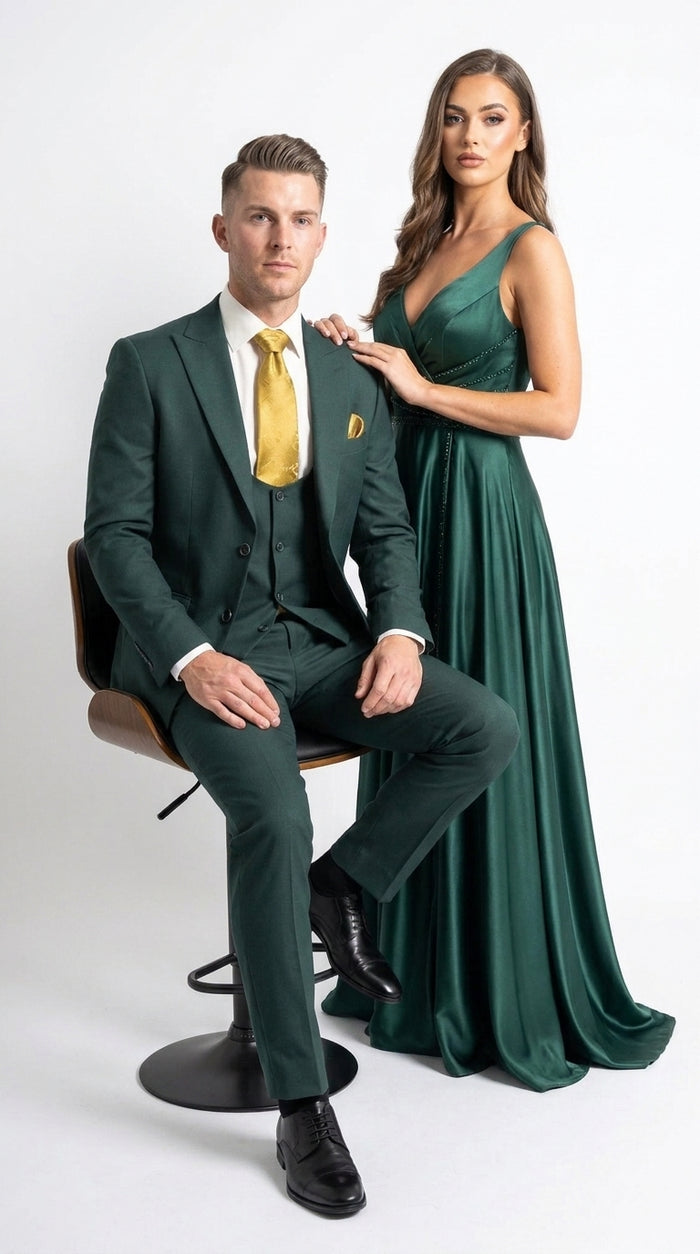 Mens Vitali 3 Piece Suit W/Scoop Vest Hunter Green 3-Piece Suit –, Big Peak Lapel  Vest and Pants  Modern Fit Two Buttons
