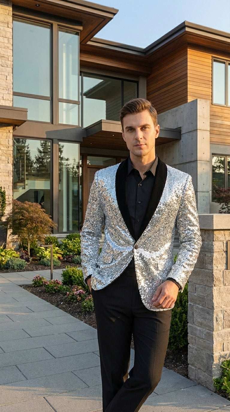 Men’s Silver Sequin Blazer Disco Style Jacket – Black Lapel Party Blazer, Shiny Evening Wear, 70s Dance Outfit, Formal Event Jacket