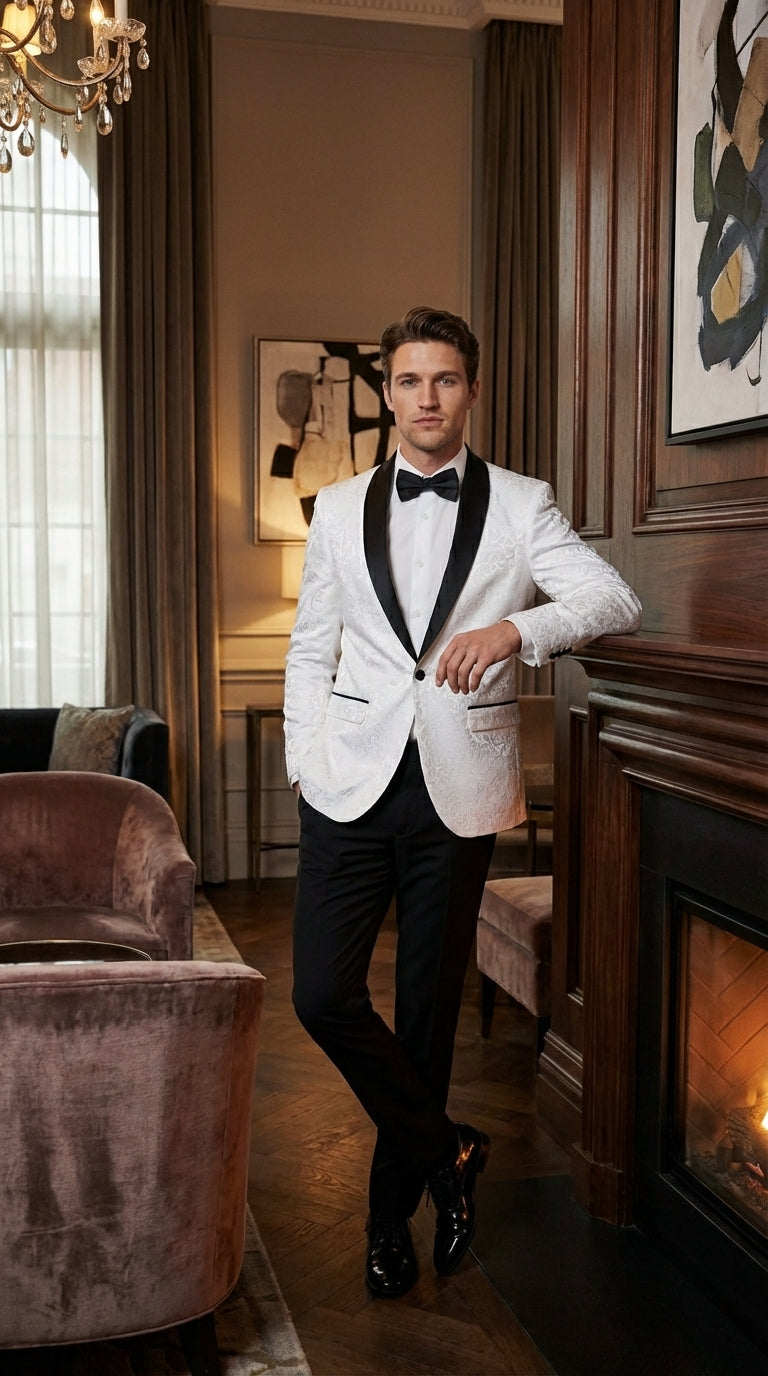 Men’s White Dinner Jacket Disco Blazer 1980s Sequin Style Jacket – Black Lapel Party Blazer, Formal Masquerade Club Wear Paisley Fabric + Bowtie