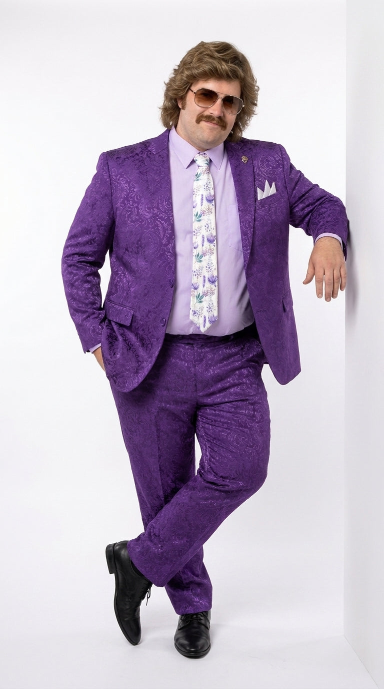 Men’s Purple Paisley 2-Piece Suit – 1970s Disco, Retro Rockabilly, Prom and Party Suit