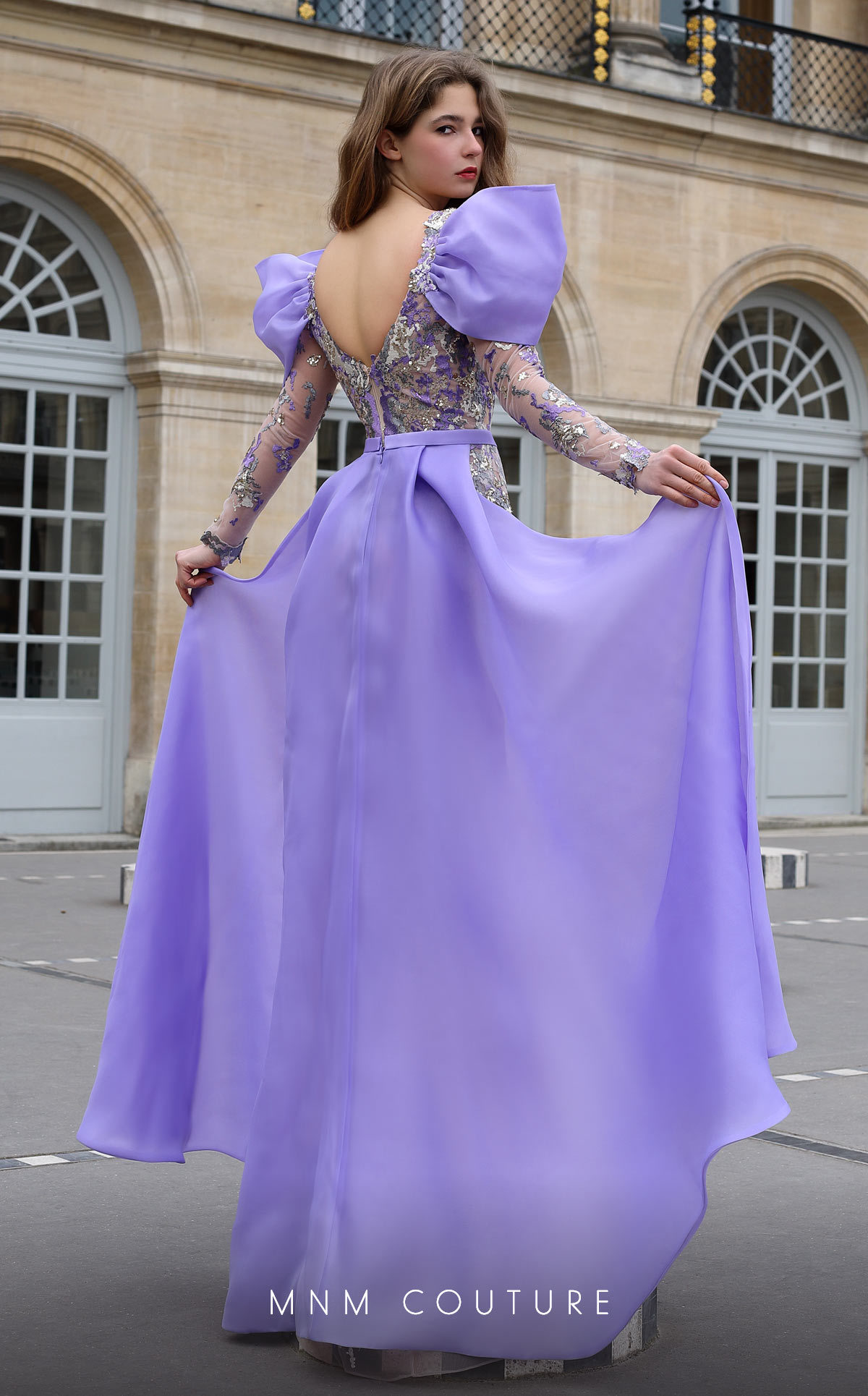 MNM Couture K4075 Purple Sequin Long Sleeve Gown