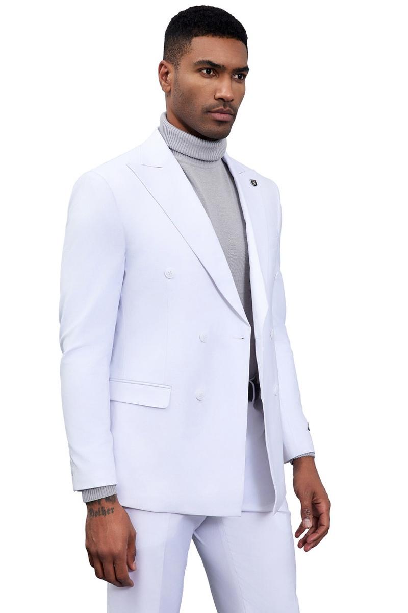 Stacy Adams white double-breasted suit. Tailored fit, structured silhouette, peaked lapel. Double-breasted closure with visible buttons and front pockets. Crafted from smooth fabric for a polished look.
