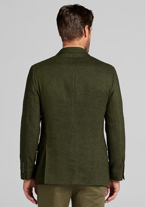 Dark green, tailored fit herringbone sportcoat. Structured shoulders, single vent, four-button cuffs. Textured herringbone pattern fabric.
