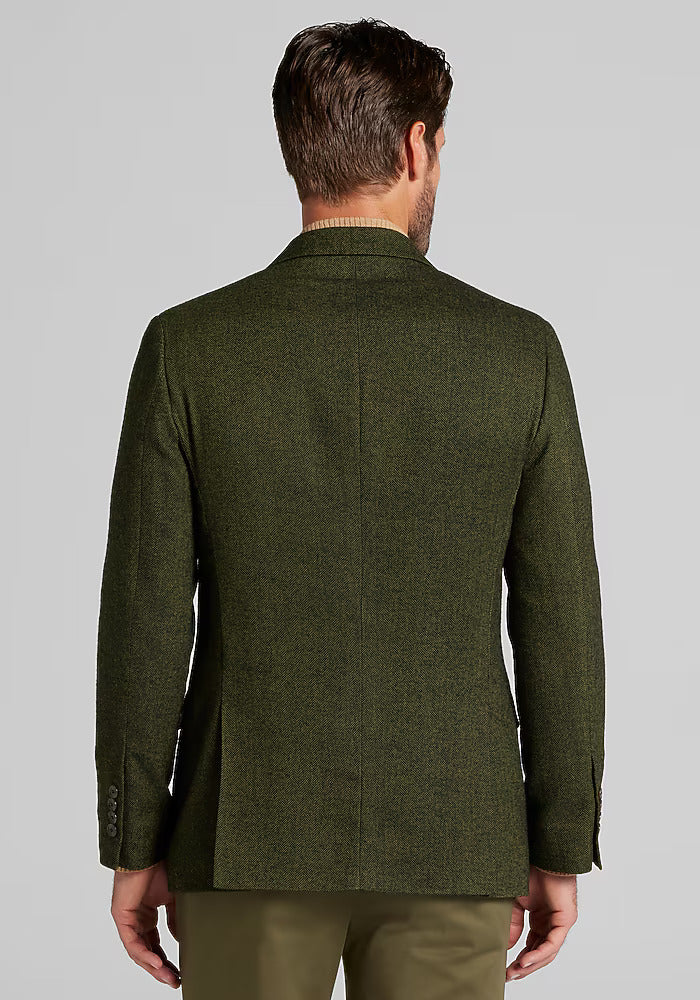 Dark green, tailored fit herringbone sportcoat. Structured shoulders, single vent, four-button cuffs. Textured herringbone pattern fabric.
